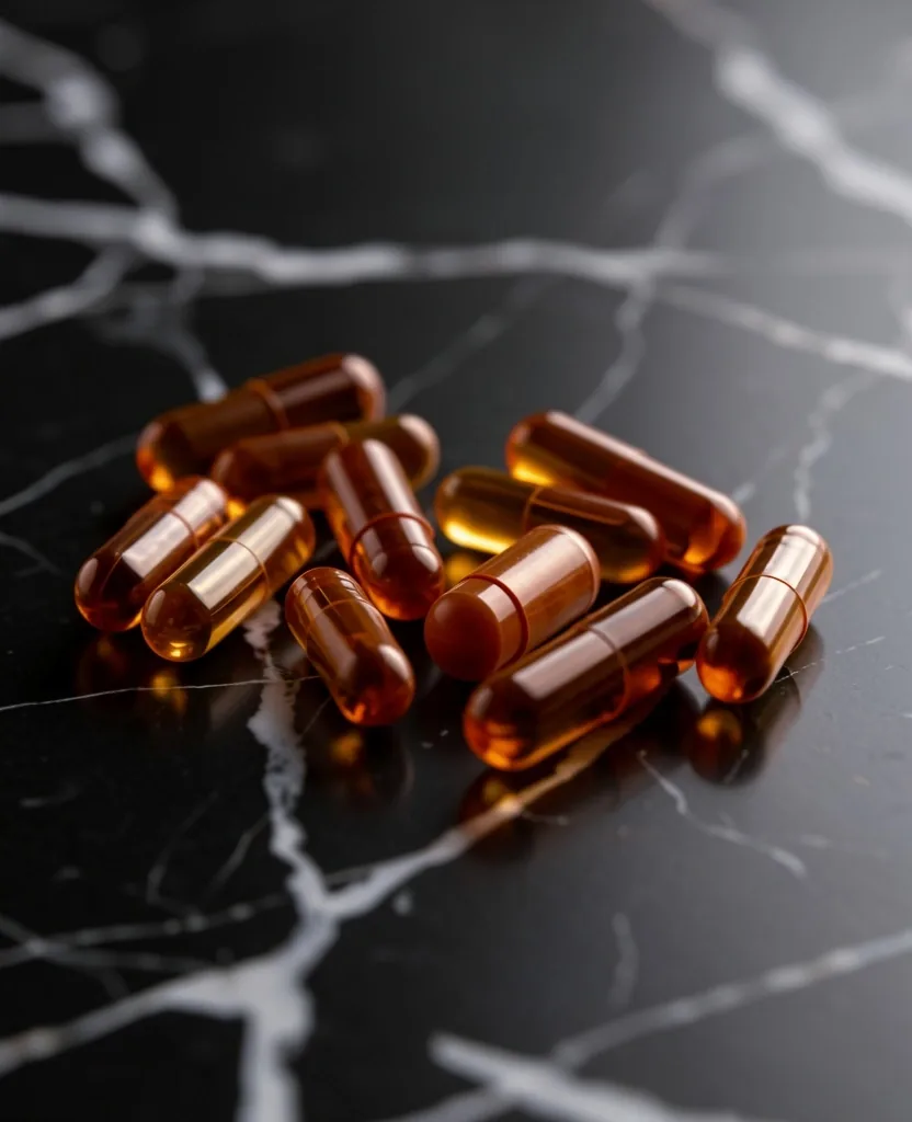 Wellness supplement capsules on dark marble