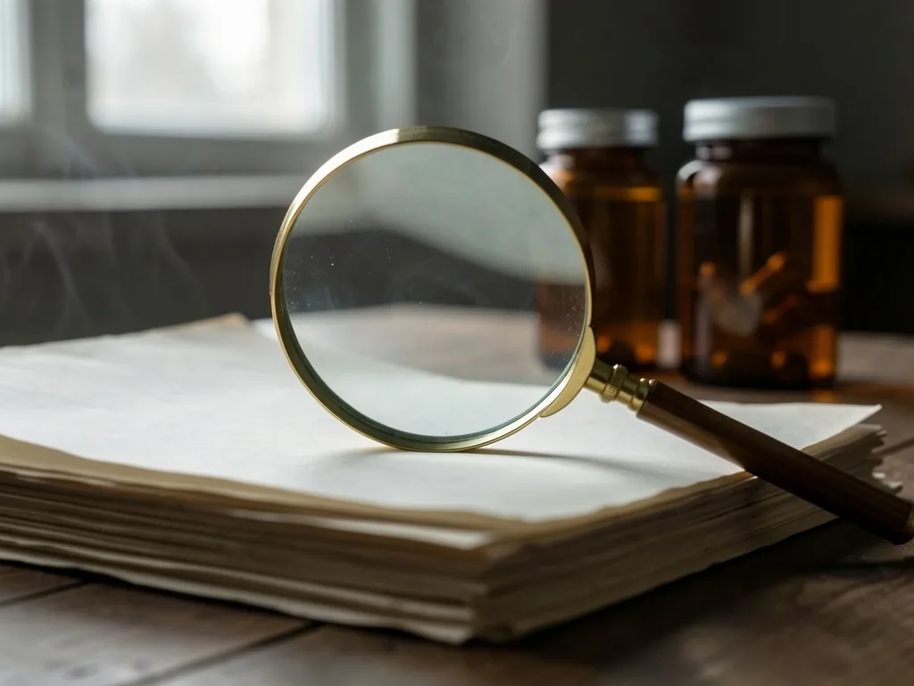 Editorial workspace with magnifying glass and notebooks