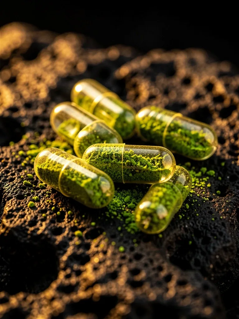 Natural supplement capsules on dark stone