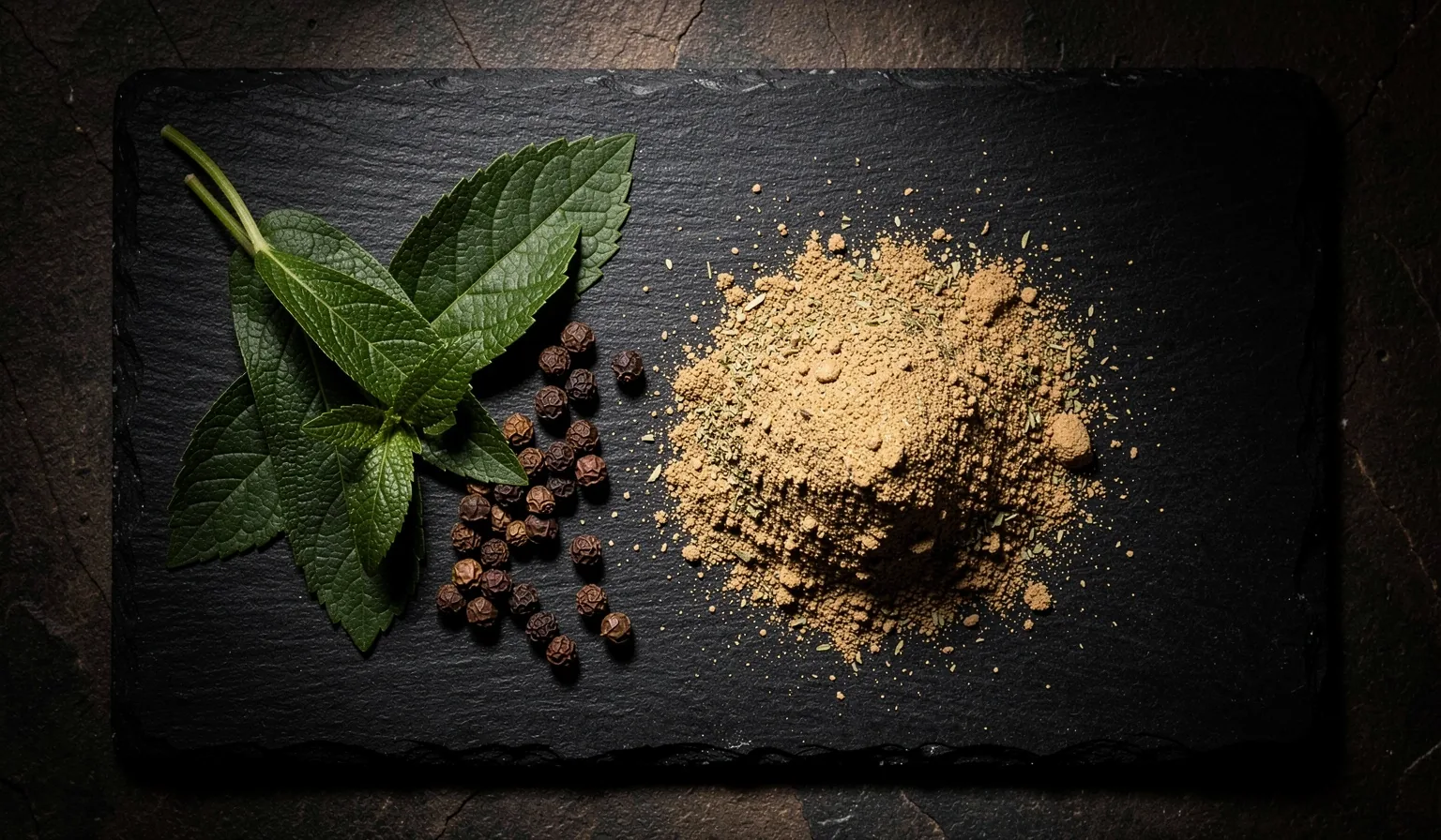 Natural supplement formulas on dark surface