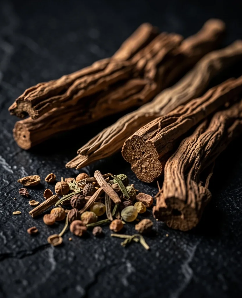 Botanical ingredients on dark stone