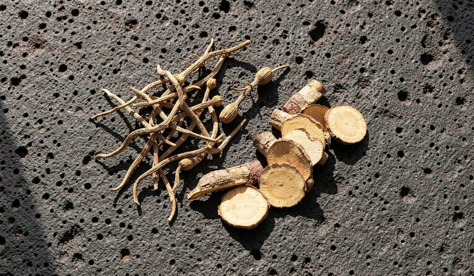 Ginseng and maca root on dark slate