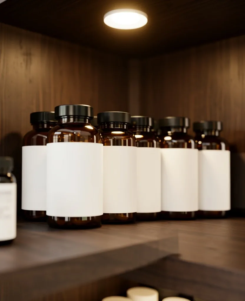 Supplement bottles on display shelves