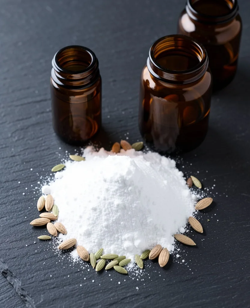 Transparent supplement capsule held against dark background