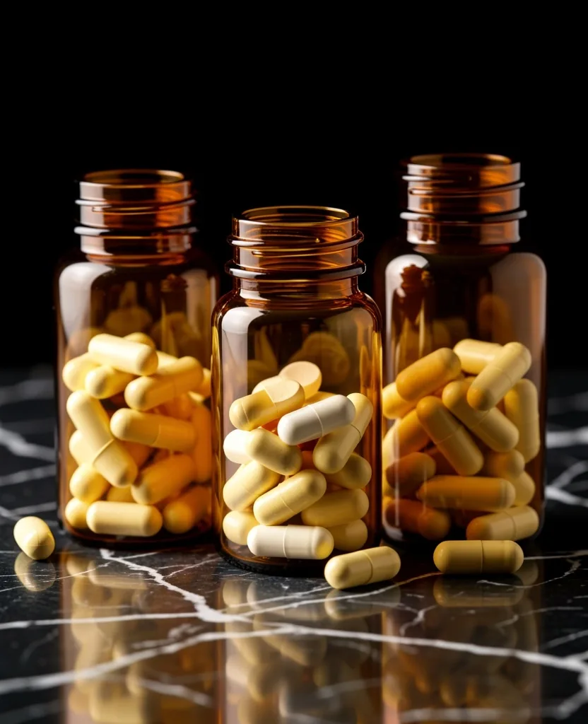 Vitamin and mineral supplement bottles on dark marble