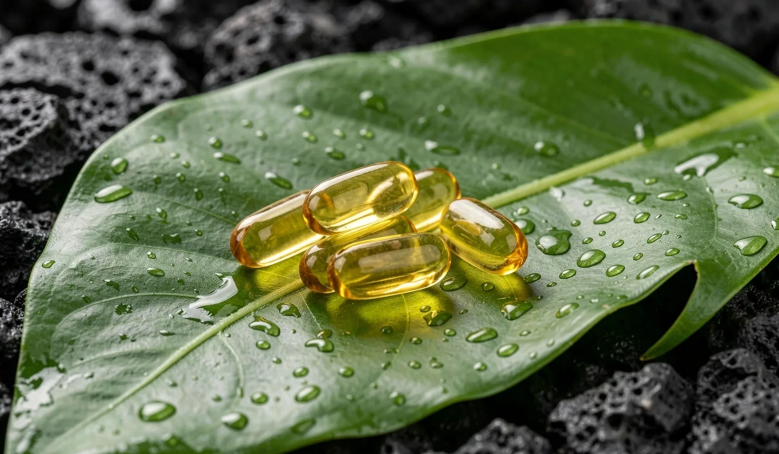 Natural supplement capsules on dark marble