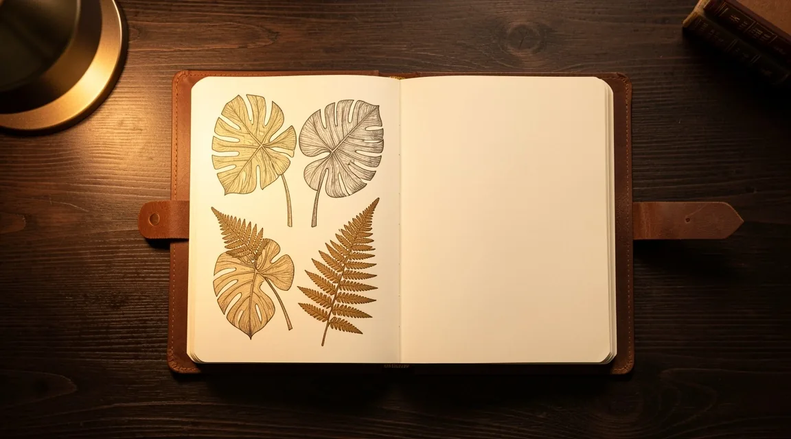 Research notebook with botanical specimens