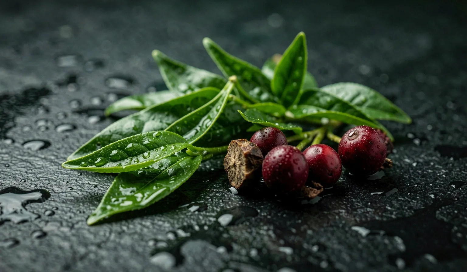 Green tea and guarana on dark stone
