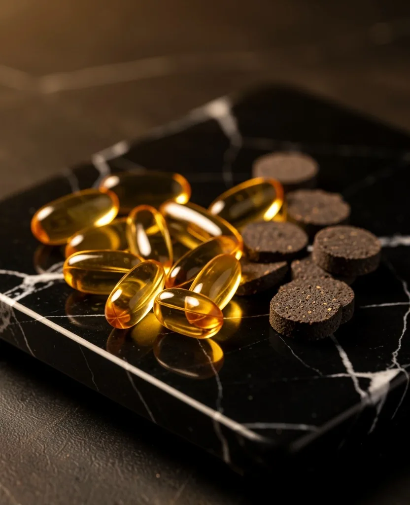 Supplement capsules on dark marble