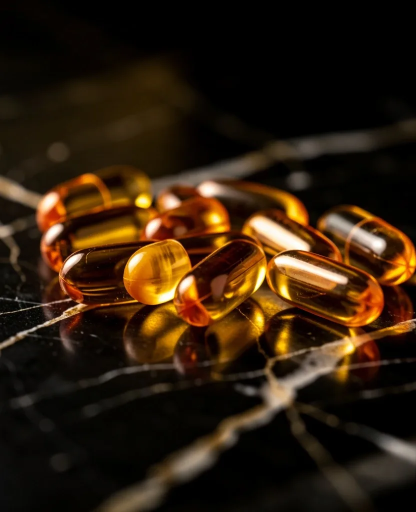 Natural supplement capsules on dark marble surface