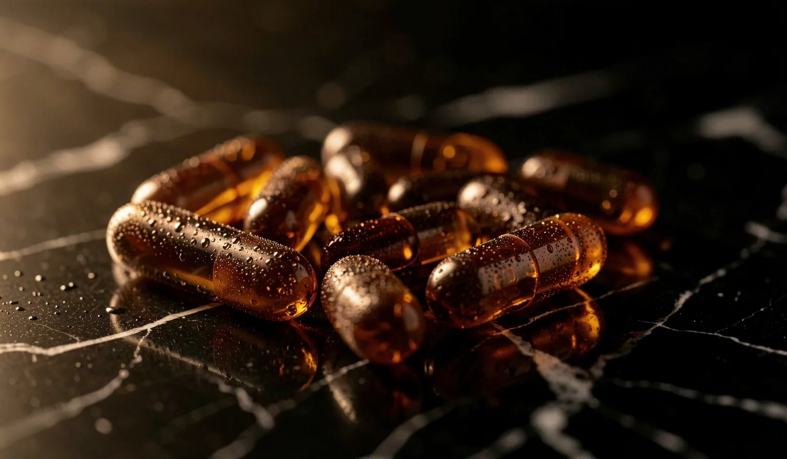 Natural supplement capsules on dark marble