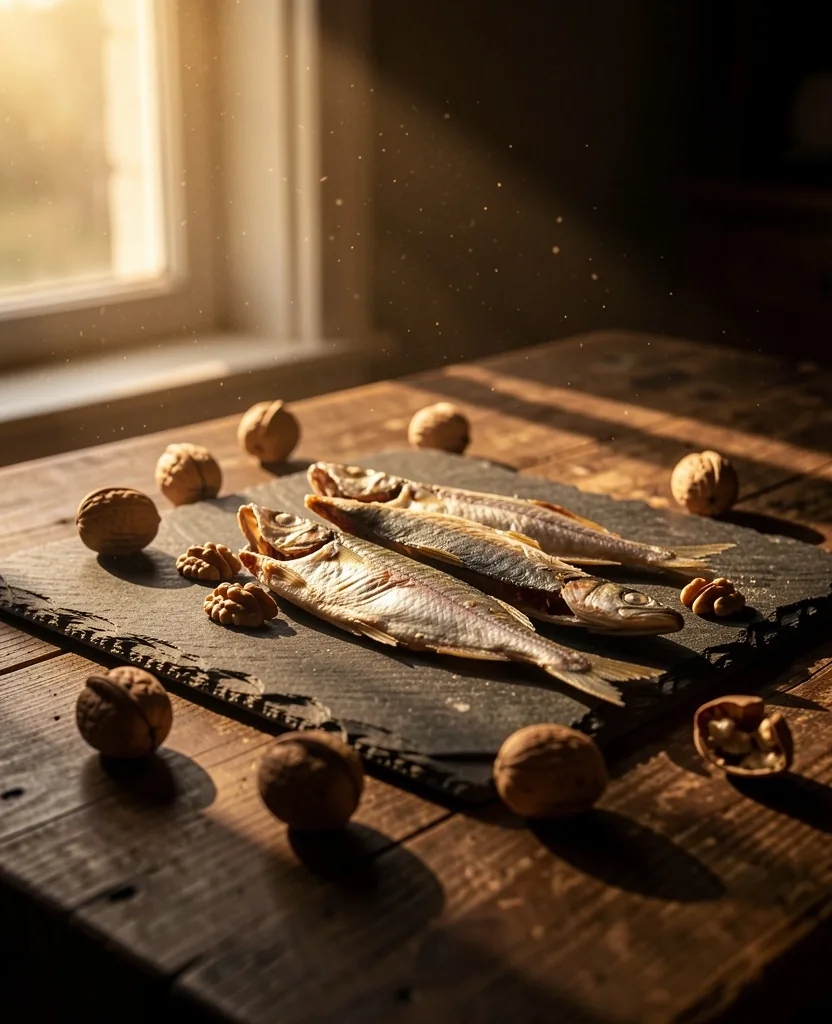 Sunlight and vitamin D food sources on dark desk