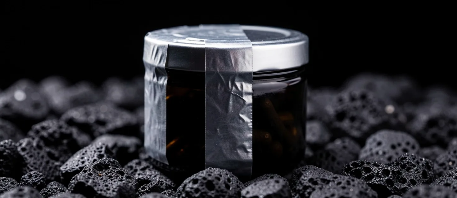 Sealed supplement packaging on dark surface